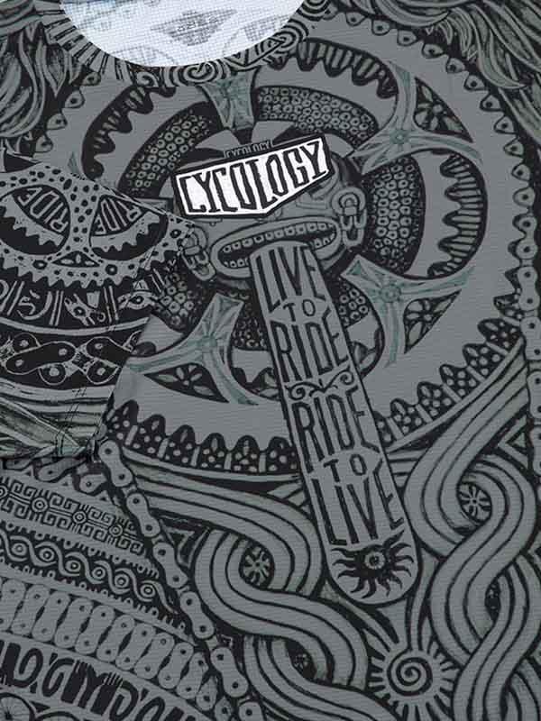 Cycling jersey with 'Live to Ride, Ride to Live' graphic and intricate gear patterns