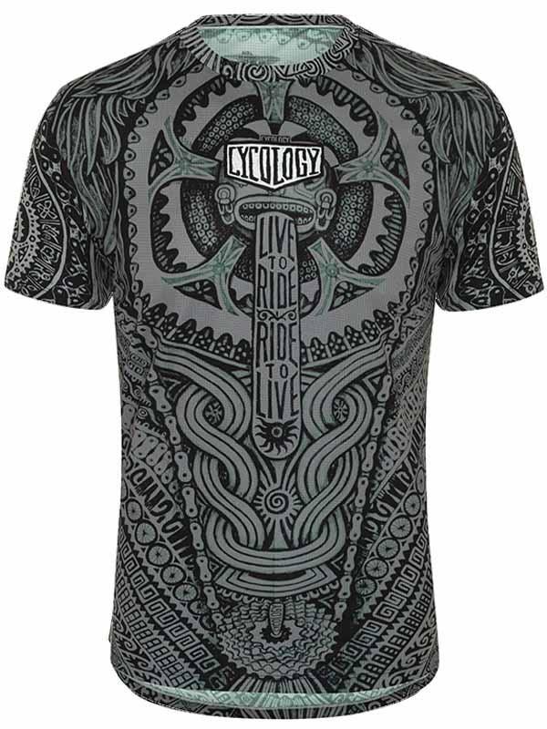 Men's cycling jersey with intricate black and gray graphic design featuring 'Live to Ride, Ride to Live' slogan