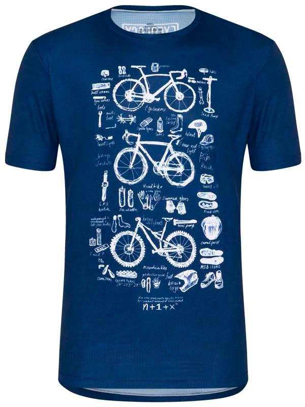 Blue cycling t-shirt with white bike and gear illustrations, perfect for men's or women's cycling apparel
