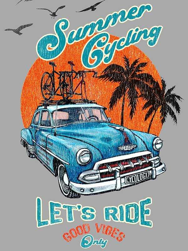 Summer cycling graphic tee with vintage car, bikes, palm trees, and 'Let's Ride' slogan for bike lovers.