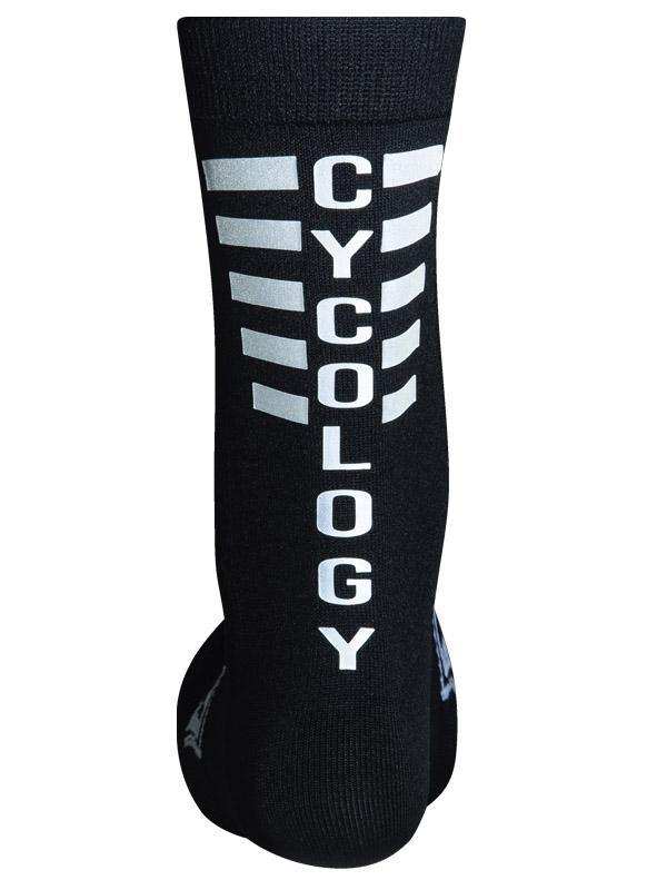 Black cycling sock with white 'CYCOLOGY' text and stripe design, ideal for men's and women's bike rides.