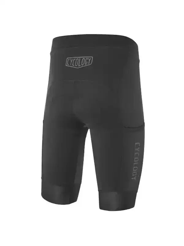 Black men's cycling shorts with Cycology logo, designed for comfort and performance on rides.