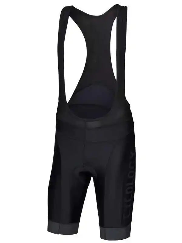 Black men's cycling bib shorts with padded chamois and brand logo on leg