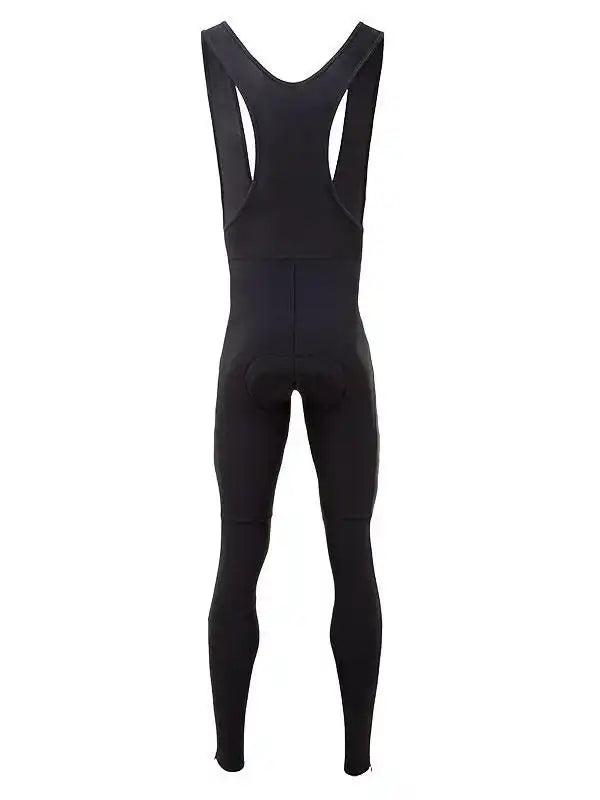Black men's cycling bib tights with padded chamois, designed for comfort and performance on rides.