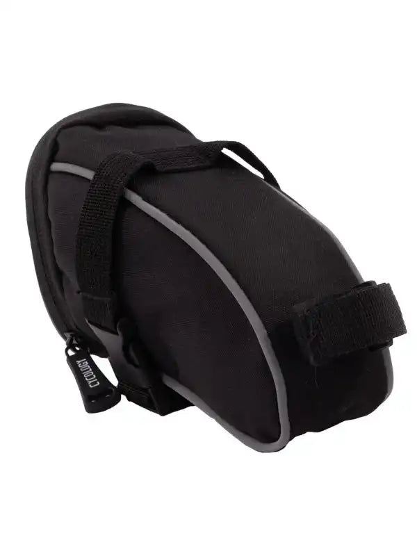 Black cycling saddle bag with reflective stripes and secure straps for bike storage