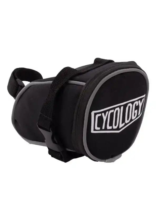Black Cycology bike saddle bag with reflective trim and secure straps for cycling gear storage