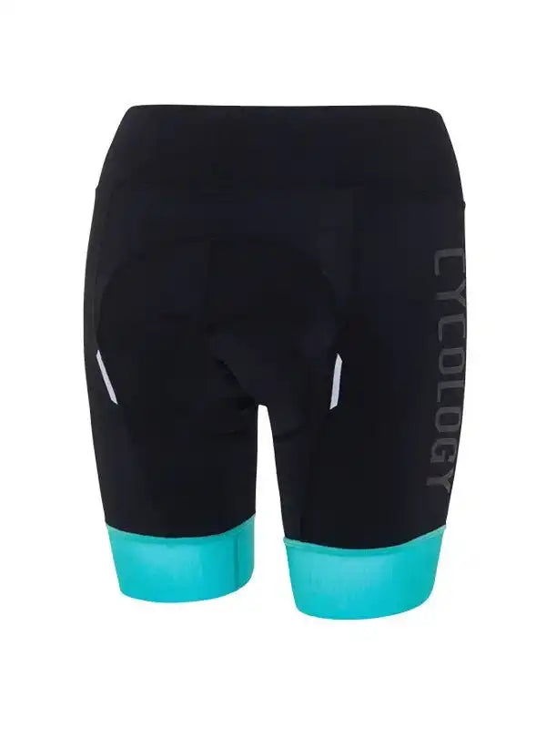 Black women's cycling shorts with teal hem and reflective accents, featuring padded seat for comfort