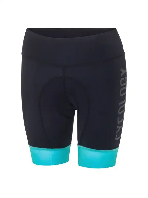 Black women's cycling shorts with teal hem and side logo, padded for comfort