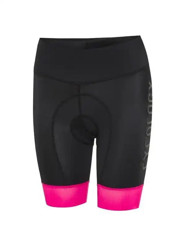 Black women's cycling shorts with pink hem and padded seat, designed for comfort and performance.