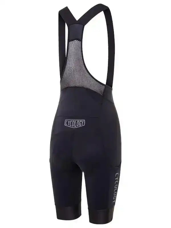 Black cycling bib shorts with mesh back panel and Cycology branding, designed for comfort and performance.