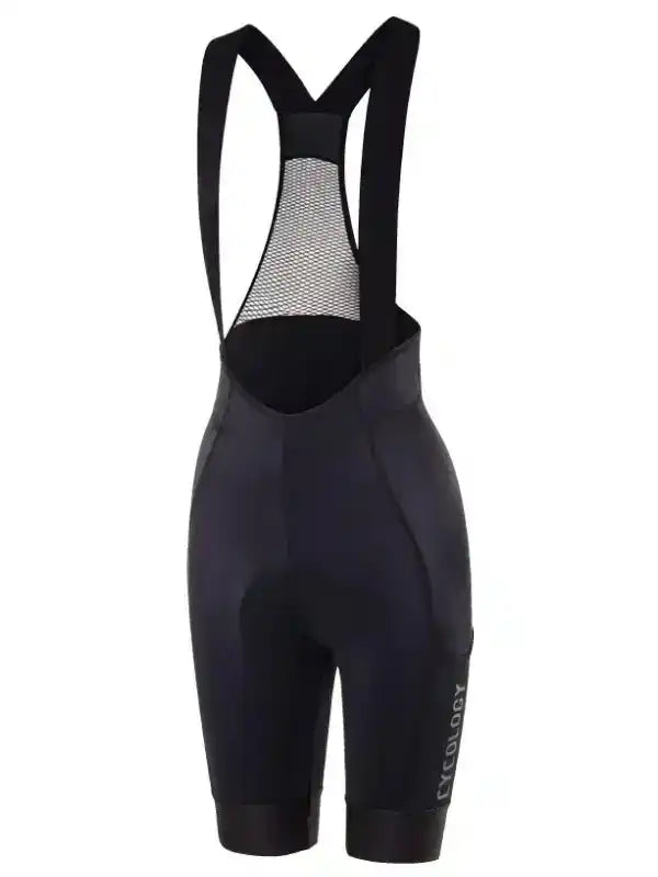 Black women's cycling bib shorts with mesh back panel and ergonomic design for comfort and performance
