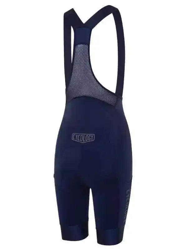 Navy blue men's cycling bib shorts with mesh back panel and Cycology branding