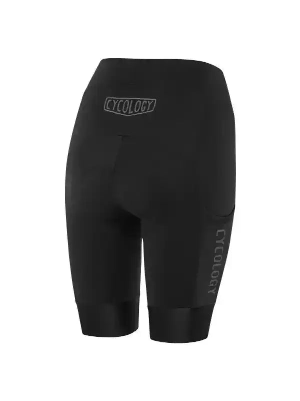 Black women's cycling shorts with Cycology logo, designed for comfort and performance on rides.
