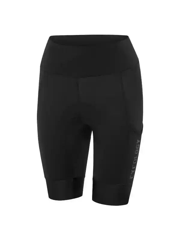 Black women's cycling shorts with padded seat and side logo, designed for comfort and performance.
