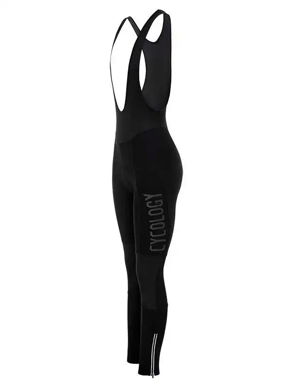 Black women's cycling bib tights with 'Cycology' logo, ergonomic design for performance and comfort