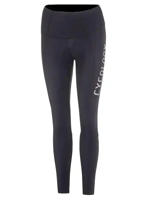 Black women's cycling tights with side logo, high-waisted design for comfort and performance