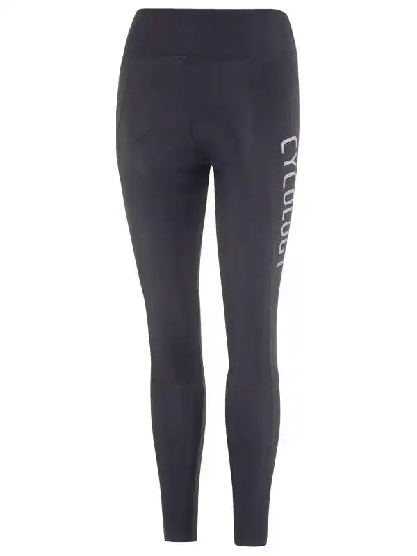 Women's black cycling tights with side logo, high-waisted design for comfort and performance