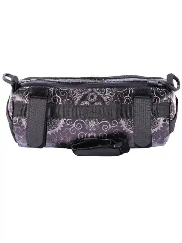 Purple floral pattern cycling frame bag with black straps and buckle