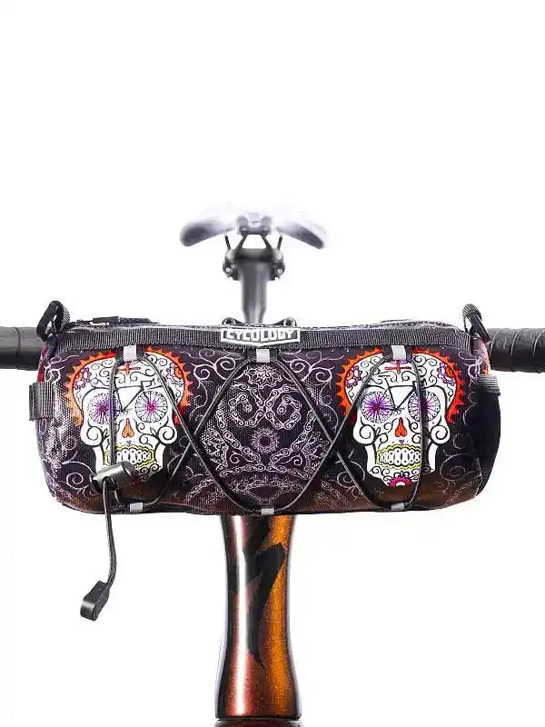 Cycology handlebar bag with sugar skull design, perfect for cycling gear storage