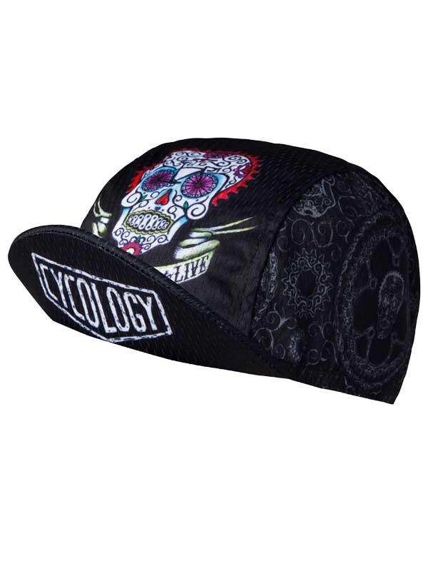 Black cycling cap with sugar skull design and 'CYCOLOGY' logo, ideal for men's and women's bike rides.