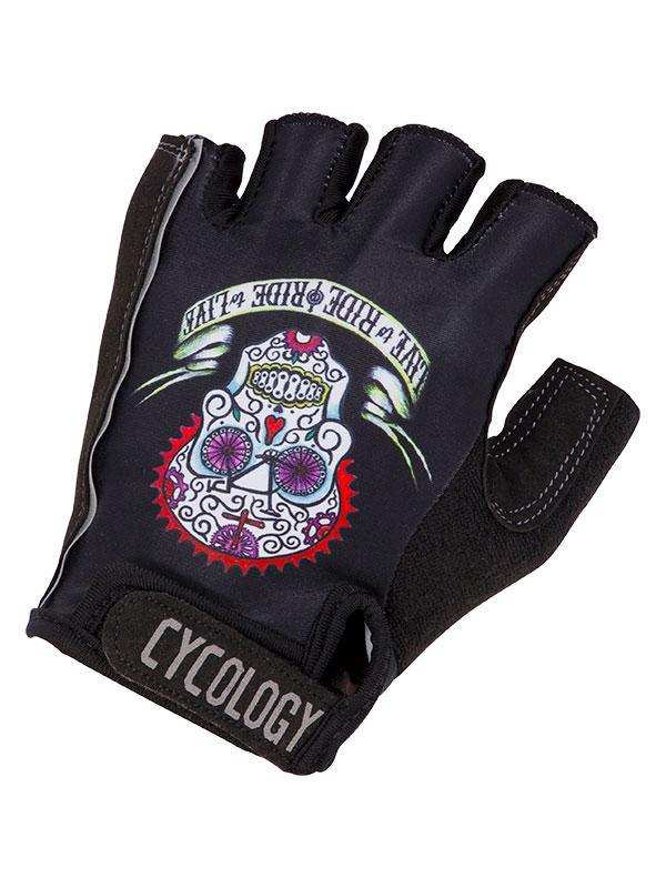 Black fingerless cycling glove with sugar skull design and 'CYCOLOGY' wrist strap