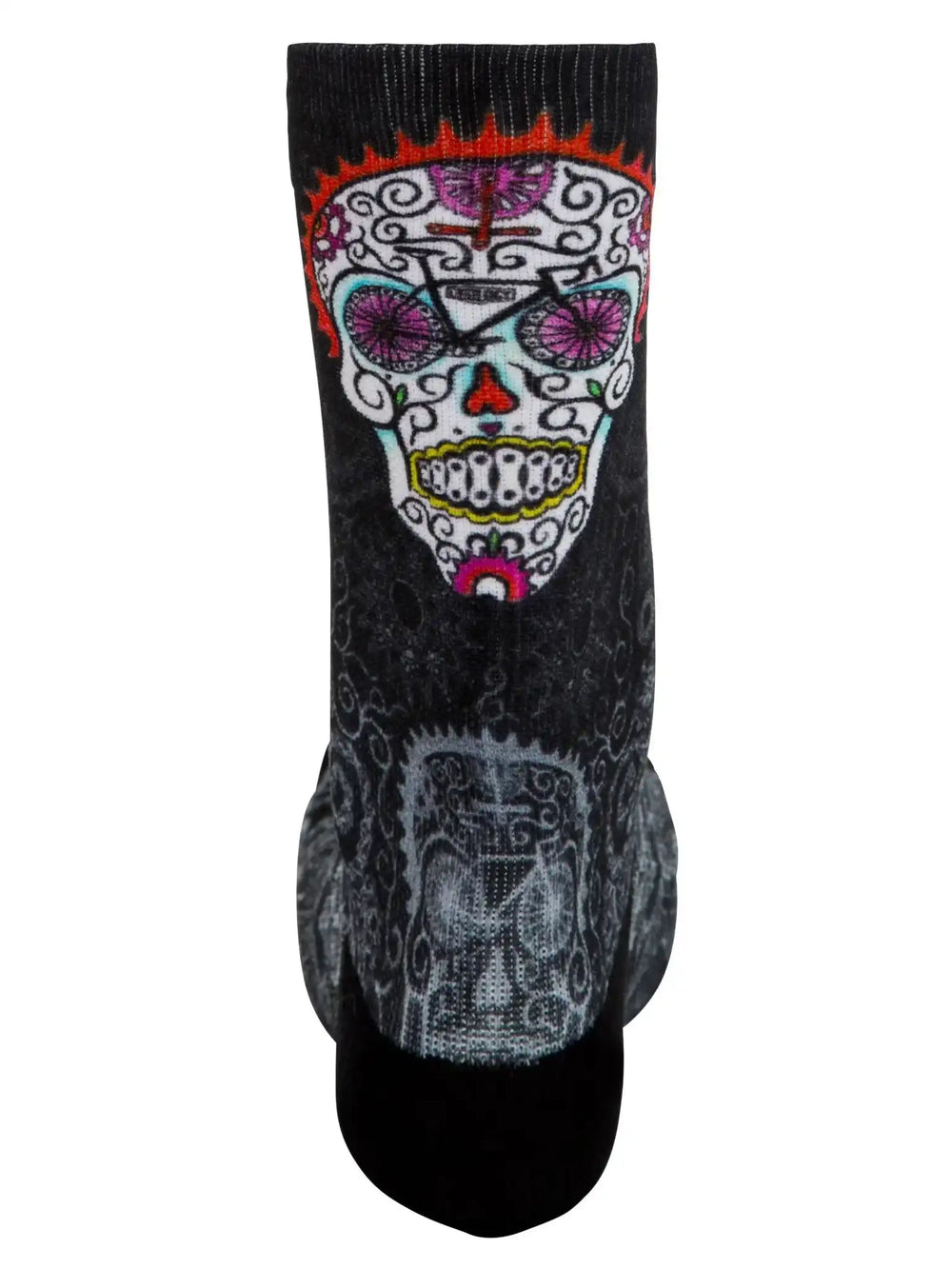 Black cycling sock with colorful sugar skull design, perfect for men's and women's bike rides