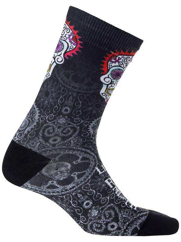 Men's cycling sock with sugar skull design, black base, colorful accents, performance fabric