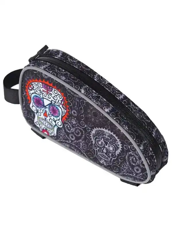 Cycling frame bag with sugar skull design, black and gray pattern, reflective trim for bike safety
