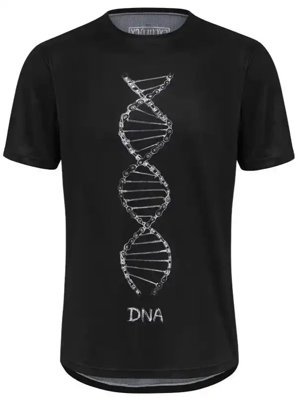 Black cycling jersey with DNA double helix design made of bike chain links, ideal for men's or women's cycling apparel.