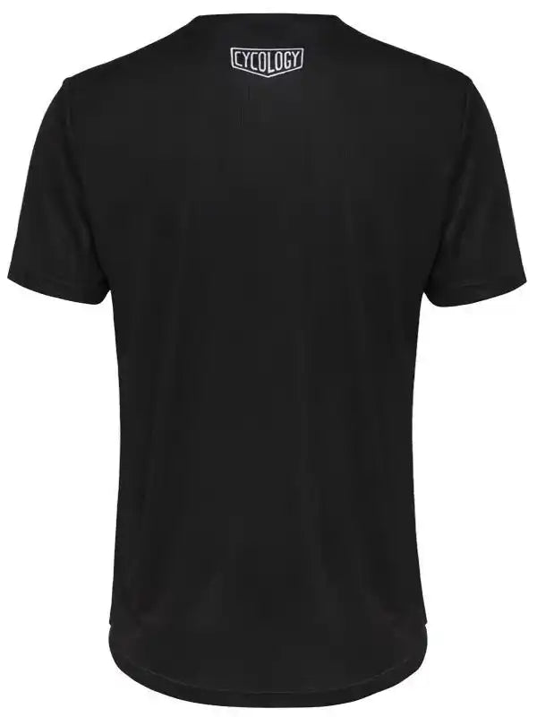 Black men's cycling t-shirt with white Cycology logo on back, featuring high-quality fabric and sporty design.