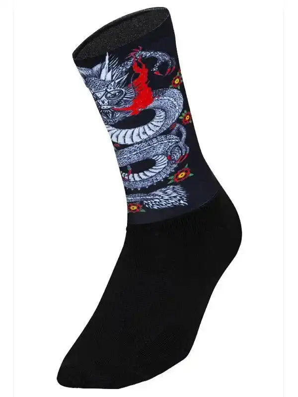 Black cycling sock with dragon tattoo design, ideal for men's and women's bike rides
