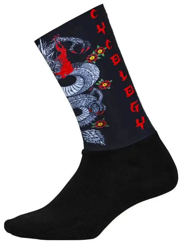 Black cycling sock with dragon and floral design, red Cycology text, ideal for men's and women's bike rides