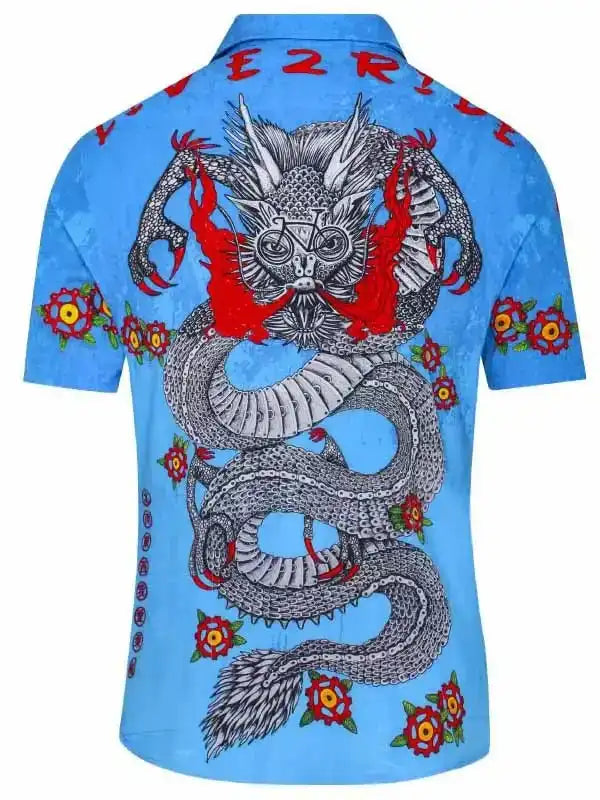 Blue cycling shirt with dragon graphic, red flames, floral details, and bike helmet design