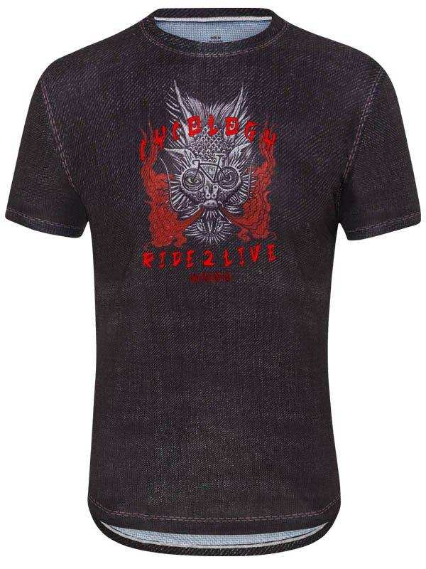 Men's cycling t-shirt with skull and bike graphic, dark denim fabric, red flame design