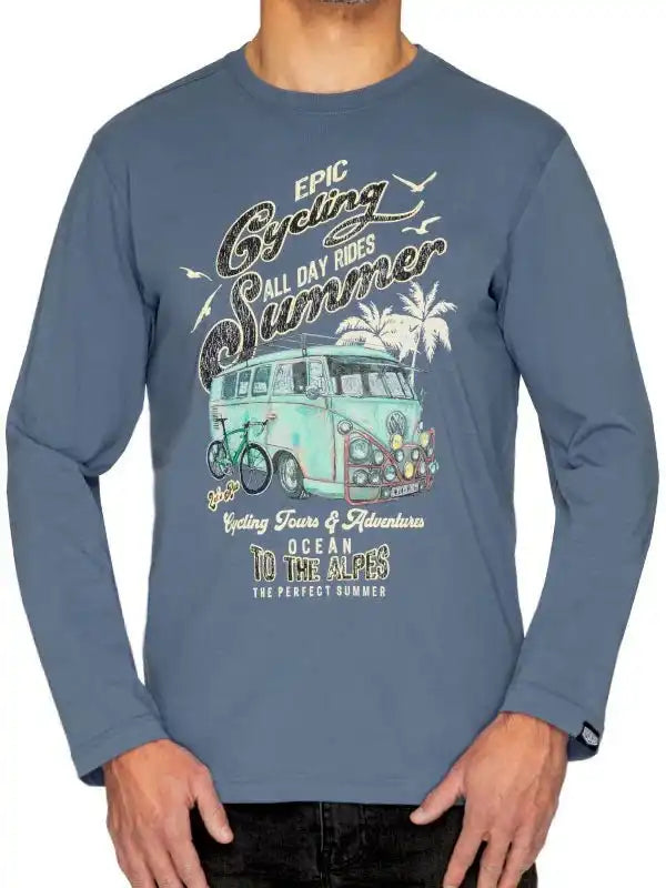 Men's cycling long sleeve tee with vintage van, palm trees, and 'Epic Summer' graphic design