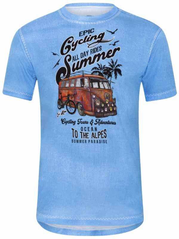 Light blue cycling t-shirt with vintage van, palm trees, and 'Epic Cycling Summer' graphic design