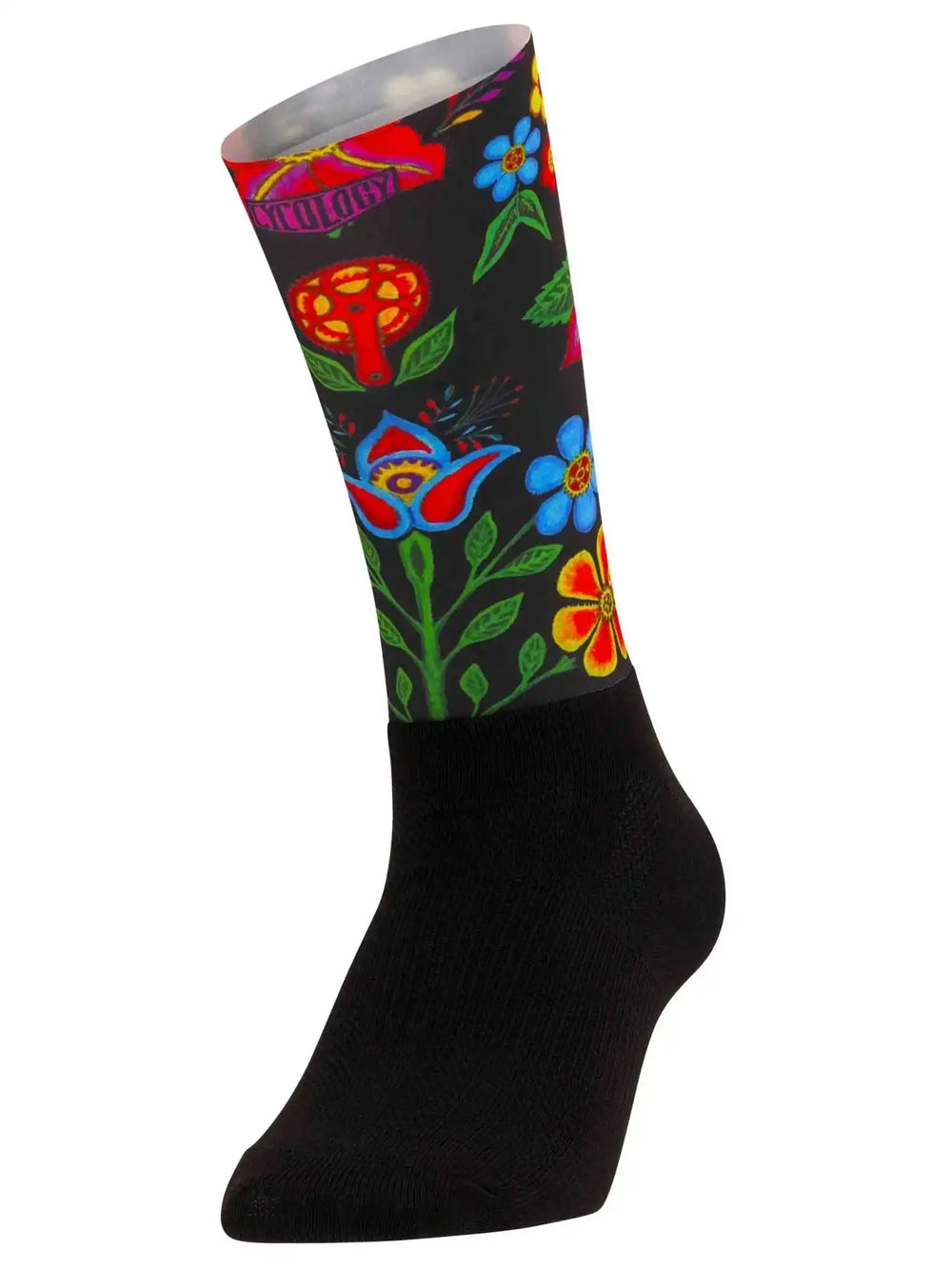 Black cycling sock with vibrant floral and mushroom pattern, colorful design for men's or women's bike wear