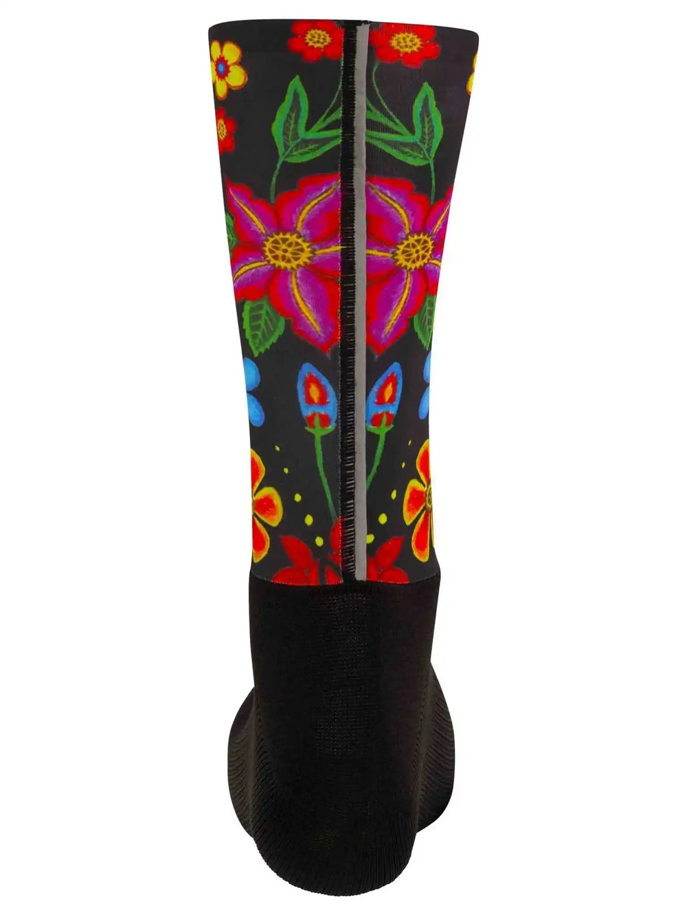 Colorful floral cycling sock with reflective stripe, vibrant flowers on black background for men and women