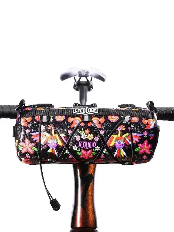 Cycology floral bike frame bag with vibrant flowers and hummingbirds, perfect for cycling adventures