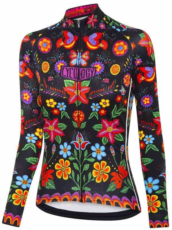 Women's long sleeve cycling jersey with vibrant floral and butterfly print, full zip, black base