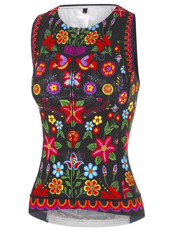 Women's cycling jersey with vibrant floral print, full zip, and colorful trim for road biking