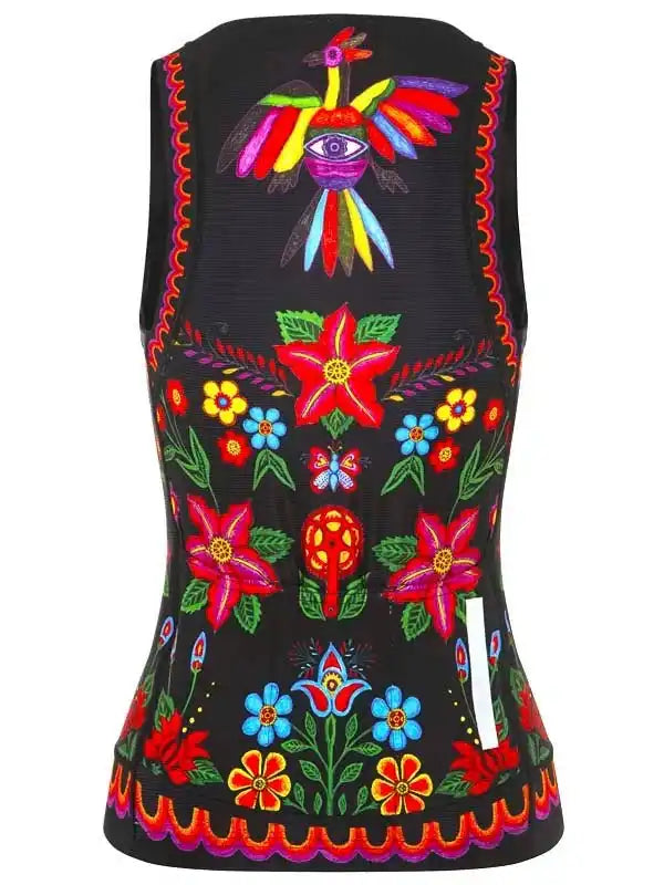 Black women's cycling vest with vibrant floral and bird embroidery, colorful folk design