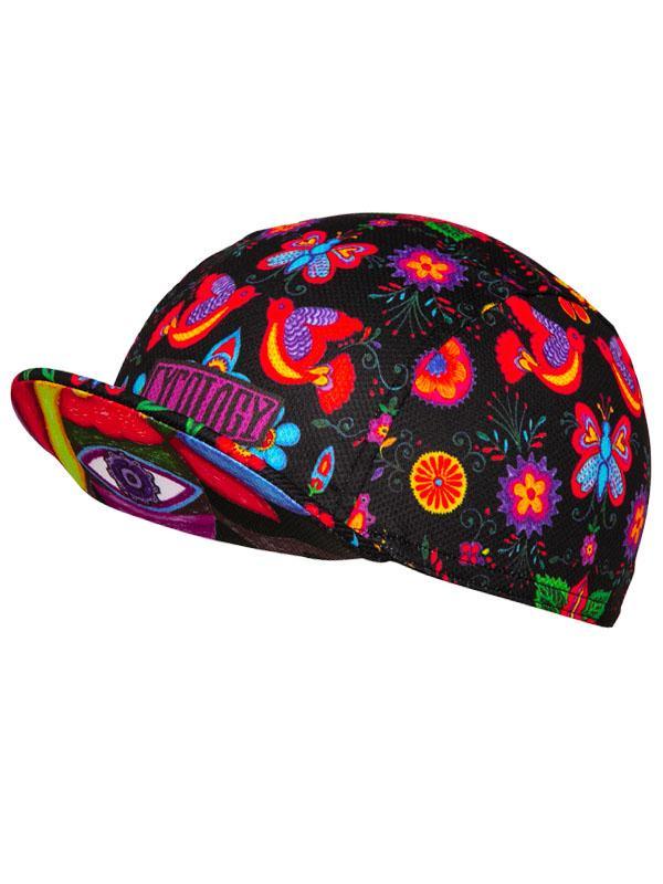 Vibrant floral and butterfly patterned cycling cap for men and women, ideal for road biking and outdoor adventures.