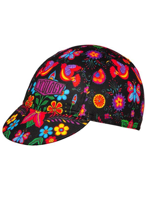 Vibrant floral and butterfly pattern cycling cap on black background, ideal for men and women riders.