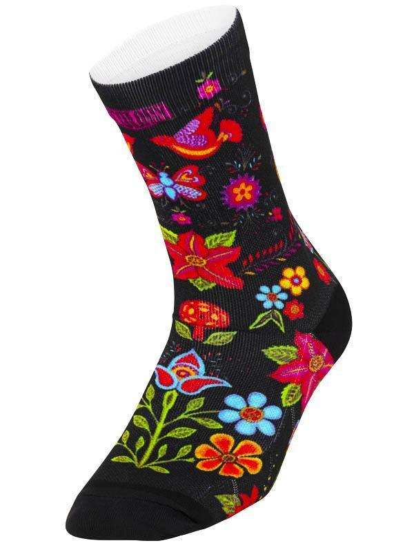 Black cycling sock with vibrant floral and bird print, ideal for men's and women's bike rides