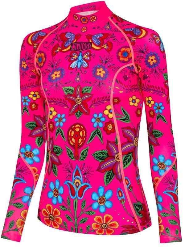 Vibrant pink women's cycling jersey with colorful floral and butterfly print, long sleeves, full zip