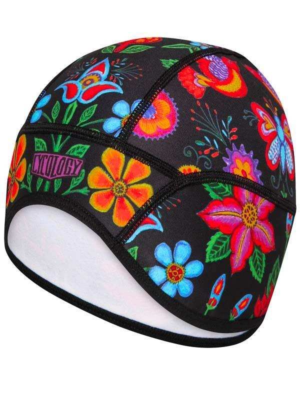 Colorful floral cycling cap with vibrant flowers and black background, ideal for bike rides