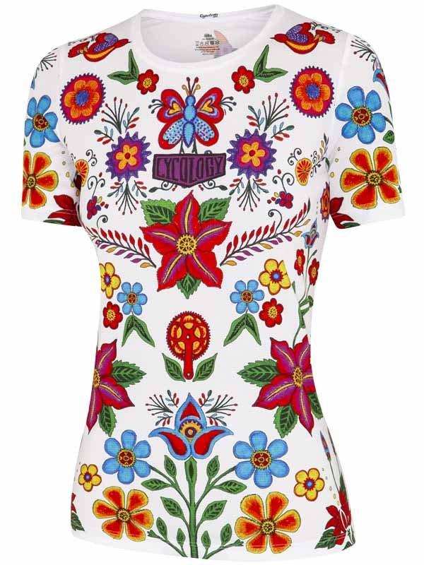 Women's cycling jersey with vibrant floral and butterfly print, colorful design for bike rides