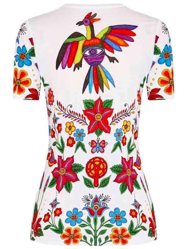 Women's cycling jersey with vibrant floral and bird print, colorful design for active wear