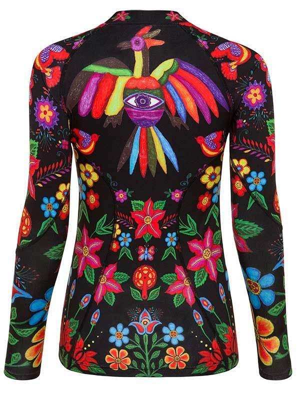 Women's long sleeve cycling jersey with vibrant floral and bird print on black background